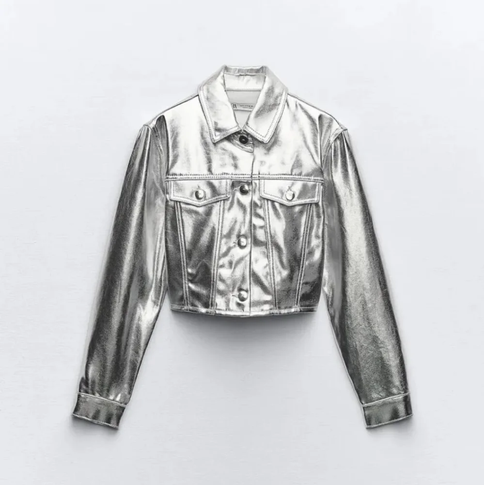 Zara SET  2 pc Metallic Crop Jacket and  Jeans size S and 0 Silver Foil_15